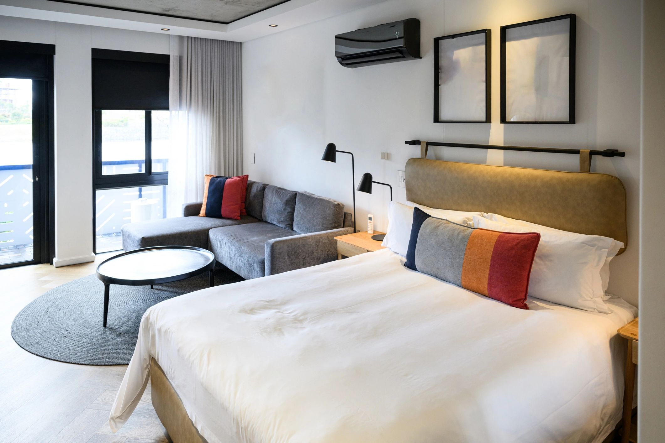Modern hotel room with a king bed
